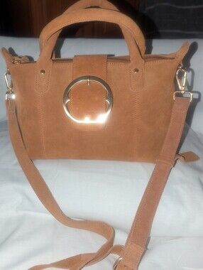 Harbour 2nd Suede Satchel Handbag with Gold Ring Accent - Tan
